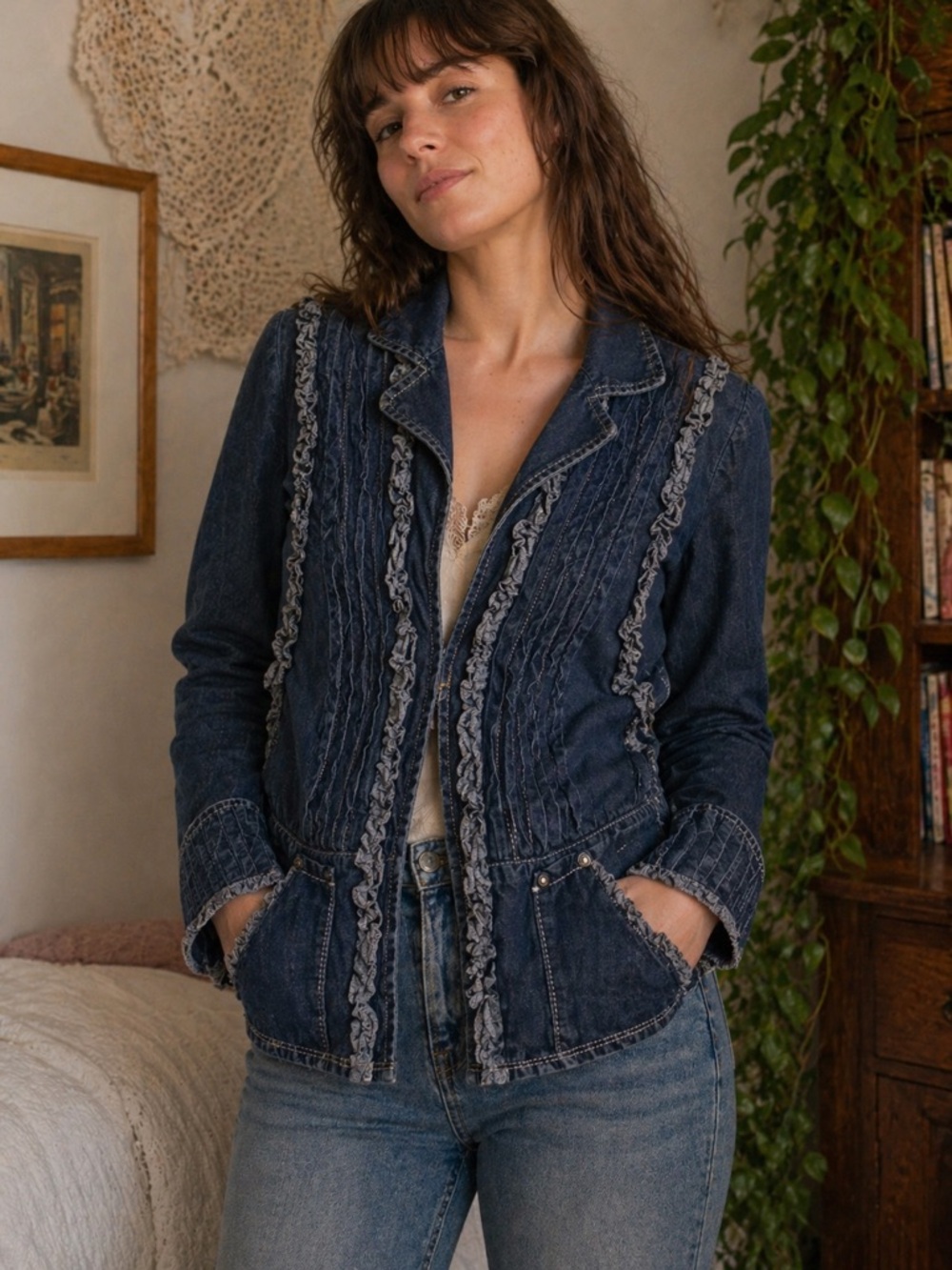Women's Blue Denim Ruffle Jacket - Timeless Casual Layering